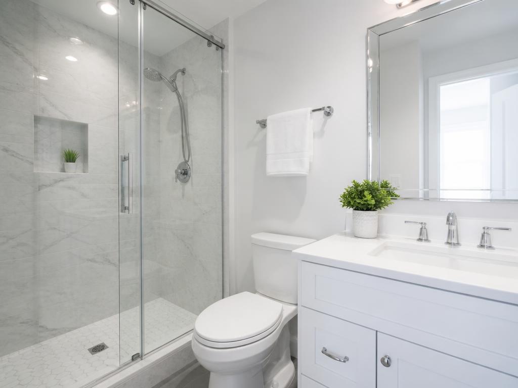 Sparkling deep-cleaned bathroom with polished fixtures and spotless glass shower
