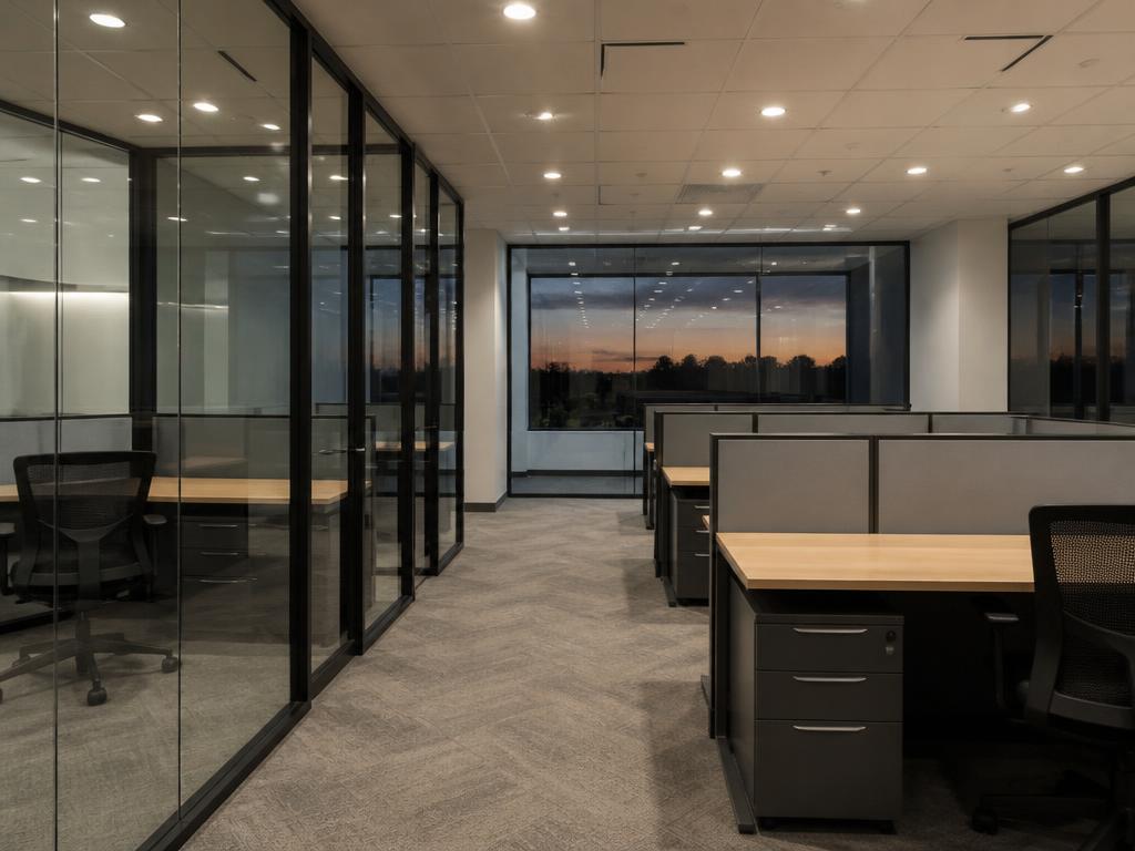 Tidy small office with clean desks and vacuumed floors after an after-hours cleaning