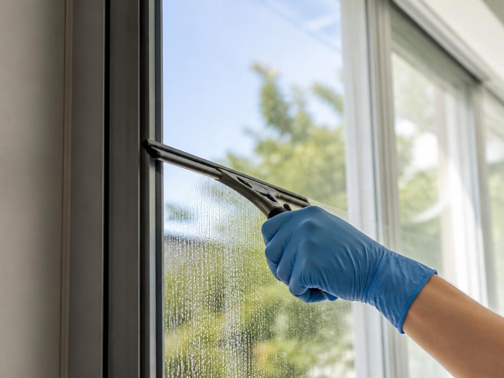 Gloved hand squeegeeing a window to a streak-free finish during a specialty clean